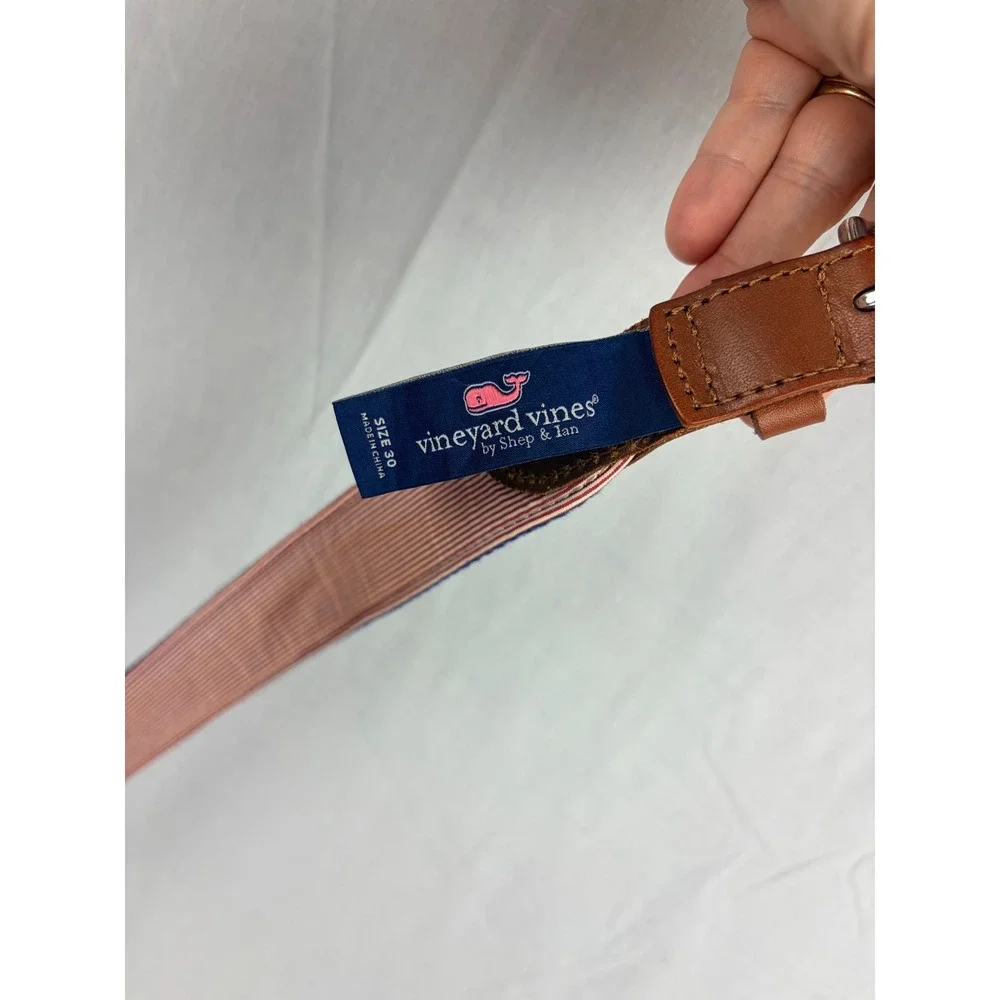 Vineyard Vines Mens Blue Fishing Boat Embroidered Canvas Belt Leather Trim 30
